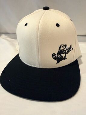 White and Black Snapback Hat with Beaver Graphic